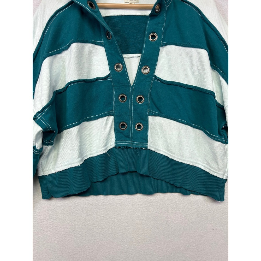 Boho Coastal Pilcro Womens Small Teal White Striped Grommet Cropped Sweatshirt - Picture 9 of 10
